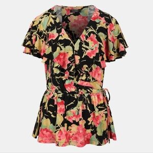 Lauren Ralph Lauren Black Floral Wrap Blouse with Ruffle Sleeves